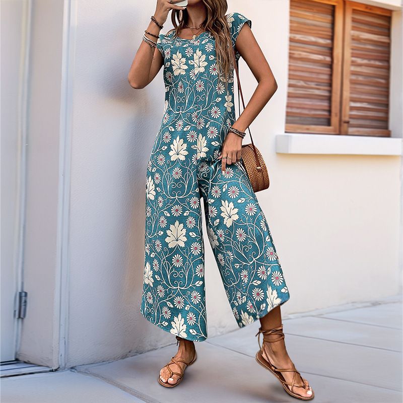 2025 New Summer European And American Casual Cross-Border Retro Floral Print Loose Jumpsuit Long Pants_voghion.com