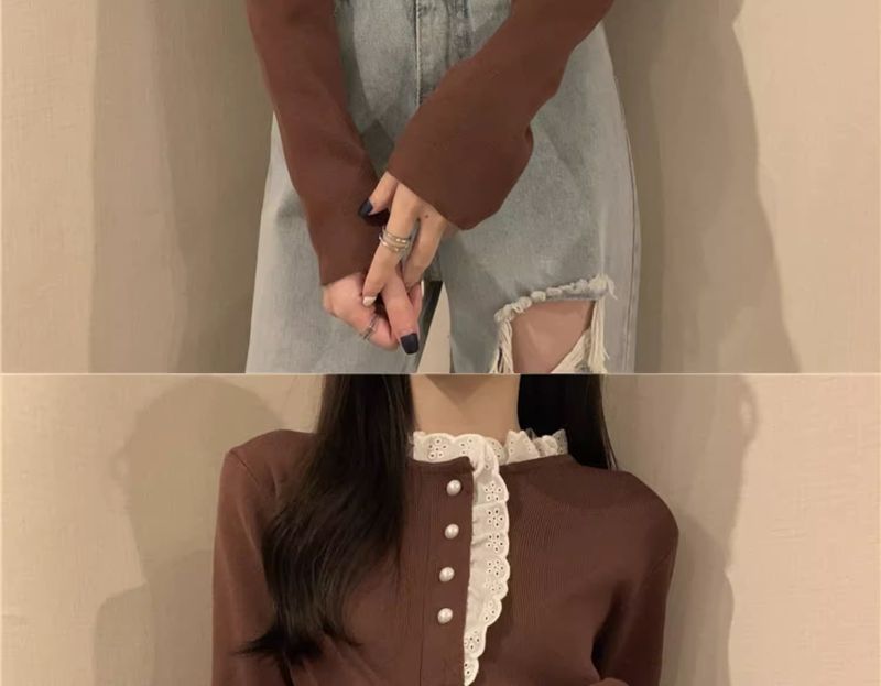 Dolce maglione in stile western con design unico, maglia a maniche lunghe con base in albicocca e pizzo con orecchie di legno, autunno e inverno_voghion.com