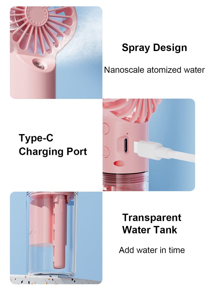 Portable Handheld Mini Humidifier 4 Speeds Powerful Wind USB Rechargeable Water Spray Mist Outdoor Small Fan_voghion.com