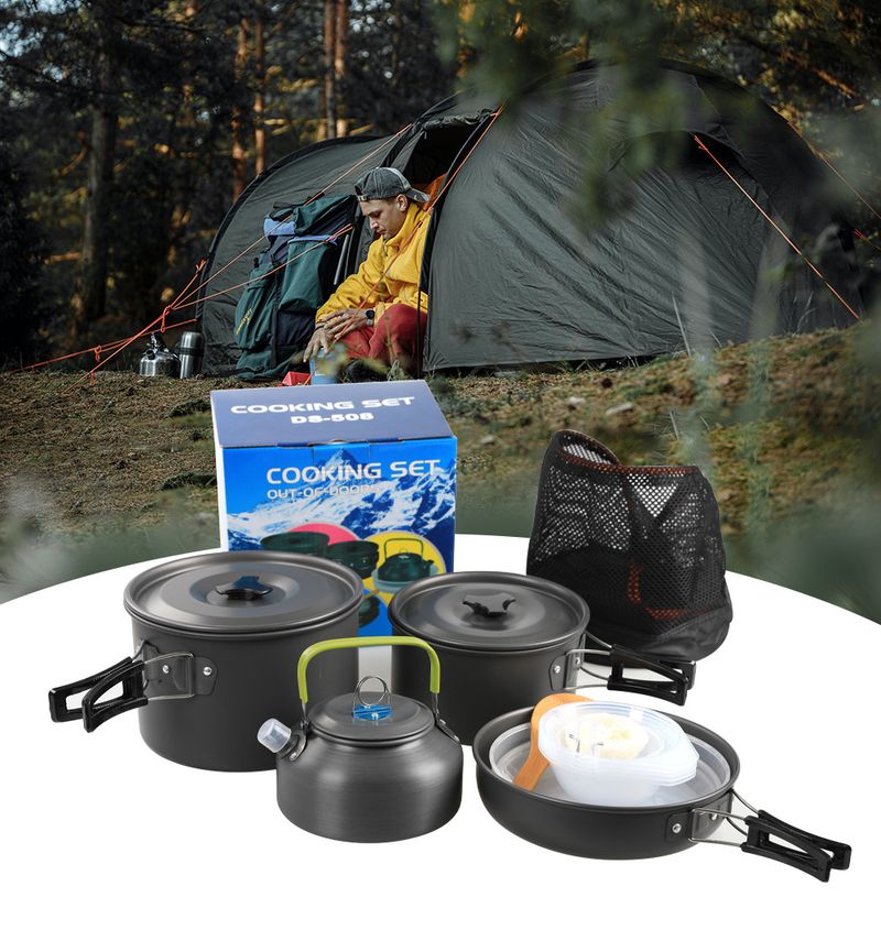 Outdoor Camping Pot Set 4 5 People Plus Teapot Combination DS 508 Pot Set Portable Picnic Pot Teapot Set_voghion.com
