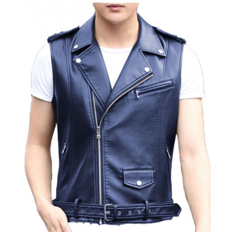 Chaleco de cuero sin mangas para hombre, estilo punk, ajustado, con cremallera en diagonal, de PU_voghion.com