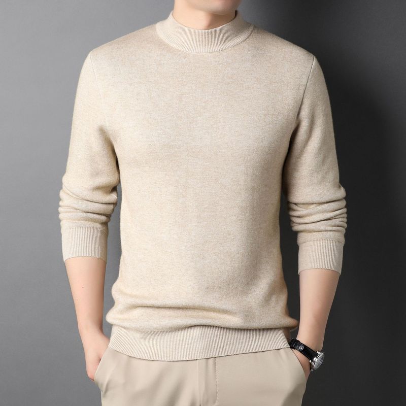 Neuer einfarbiger Halbrollkragenpullover im Frühling und Herbst, gestrickt, Slim Fit für junge Männer, Basisschicht-Pullover, Herrenbekleidung_voghion.com