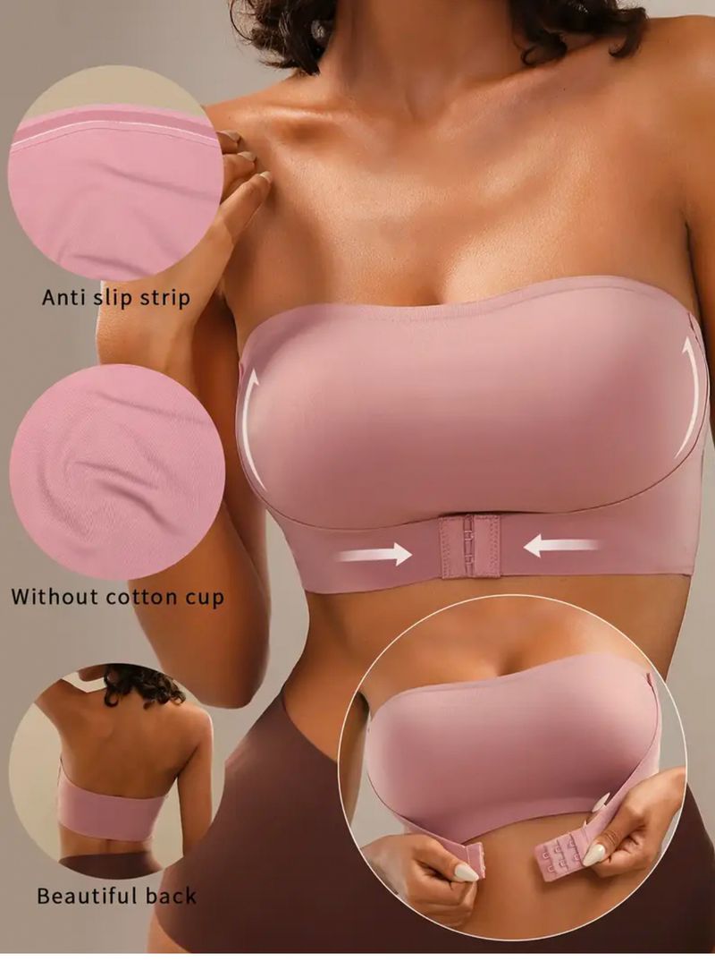 Reggiseno bustier senza spalline con chiusura frontale, push-up senza cuciture, con leggera imbottitura, senza ferretto, comfort, tessuto in nylon liscio e traspirante_voghion.com