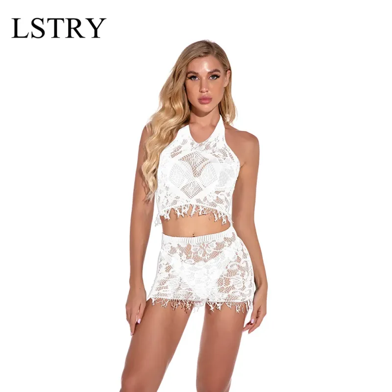 Set di lingerie trasparente da donna TD composto da 2 articoli, top a pisello tinta unita, mutandine, pigiama sexy, lingerie con laccetto al collo, Aperture_voghion.com