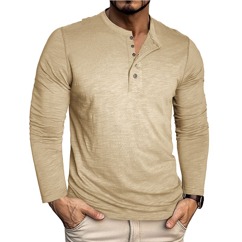 T-Shirt zum Knöpfen für Herren – Weiches Langarm-T-Shirt aus Bambusbaumwolle mit Rundhalsausschnitt für den Alltag (Schwarz, Marineblau, Militärgrün, Weiß, Khaki)_voghion.com