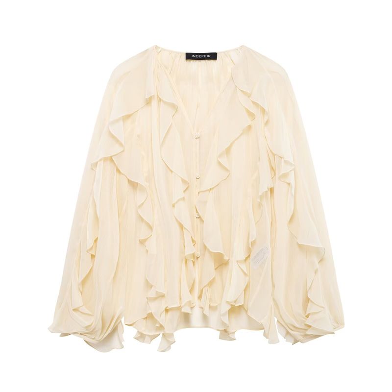 Camicia a tinta unita con decorazioni a strati, stile primaverile, per donna_voghion.com