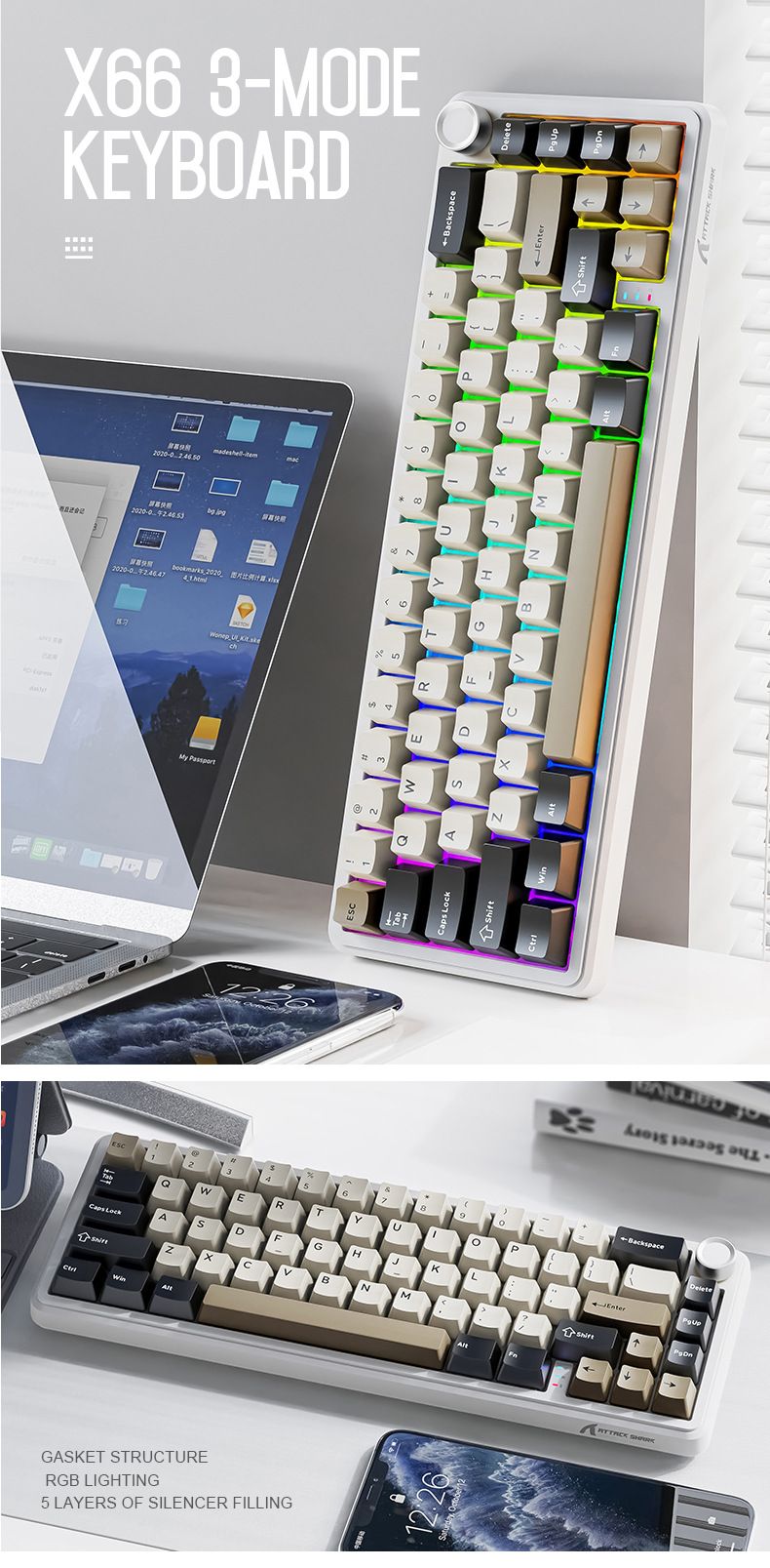 Attack Shark X66 Wireless Mechanical Keyboard Bluetooth RGB Three-mode Customized E-sports Side Engraved E-sports Game Keyboard_voghion.com