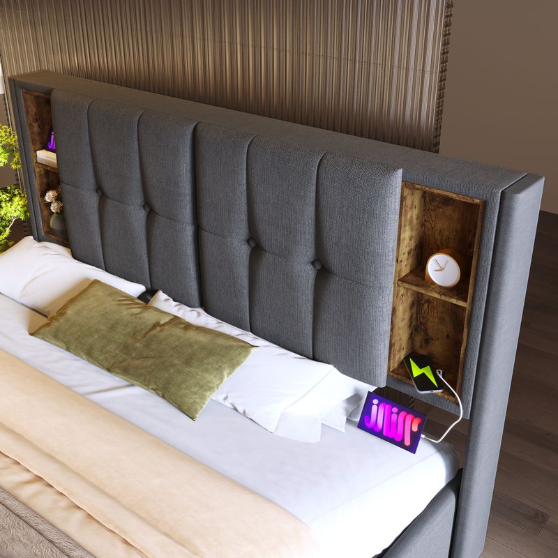 Double avec câble de chargement et USB-C, tissu 140 x 200 cm, support avec support, bois de roseau, gris, tapis inclus_voghion.com