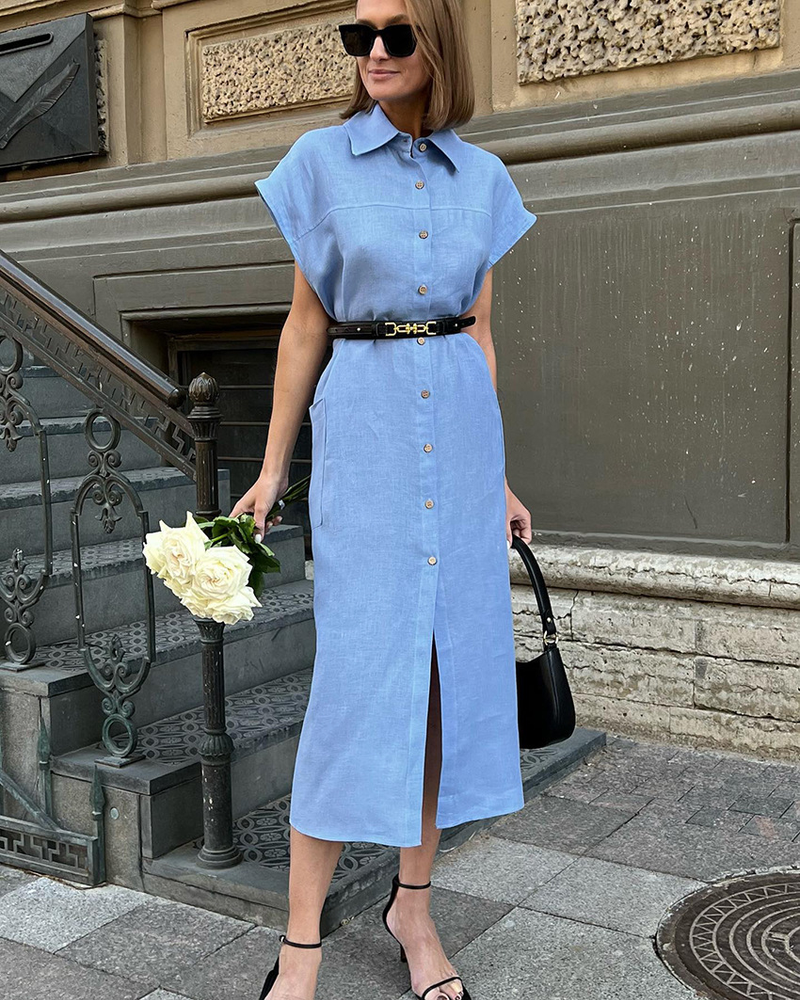 Abito a maniche corte in cotone e lino per le vacanze pendolari, elegante abito a camicia con gonna lunga_voghion.com