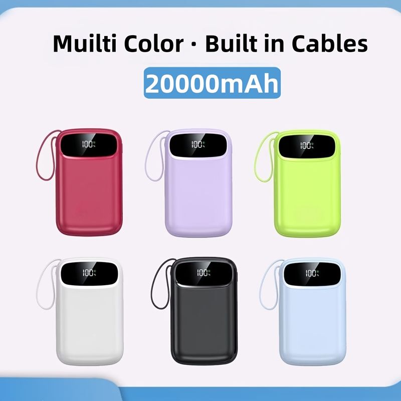 Power bank portatile da 20000 mAh con 4 cavi integrati, ricarica rapida da 20 W, display intelligente, porte USB-C e Type-C_voghion.com