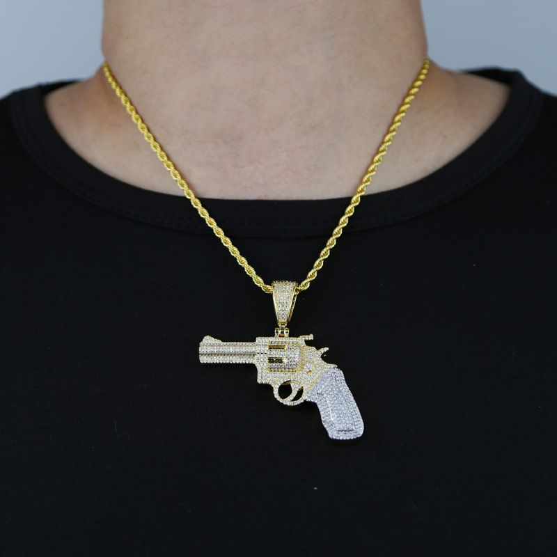Naujas hiphopo pakabukas su mini pistoletu, madingas vyriškas deimantinis kaklo papuošalas_voghion.com
