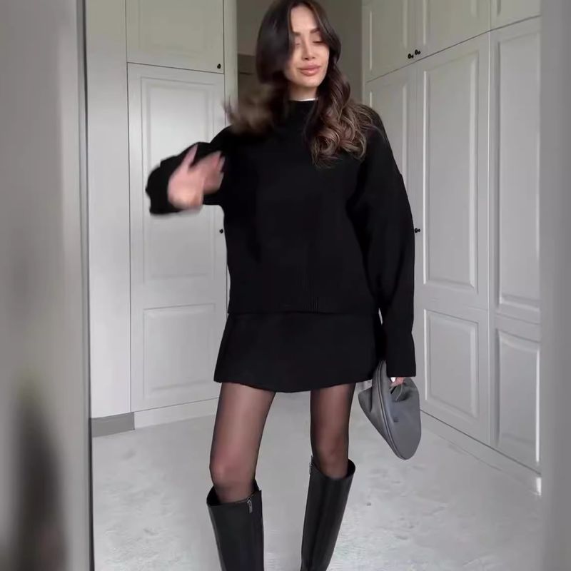 Completo da donna con maglione lavorato a maglia tinta unita e gonna a trapezio - Pullover casual preppy a maniche lunghe con minigonna (XXS-5XL, opzioni rosso scuro/nero/verde)_voghion.com