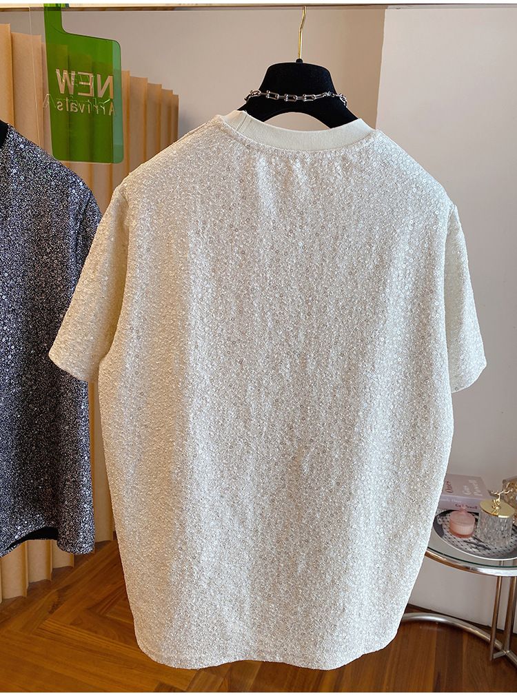 2024 New Loose European Style Sequin Shiny Silk T-Shirt Men's Short Sleeve Unique Chic Design Handsome Top_voghion.com