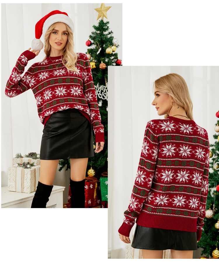 Damen-Weihnachts-Rotstrick-Weihnachtskleid mit Rundhalsausschnitt und langärmeligem Schneeblumen-Weihnachtspullover_voghion.com