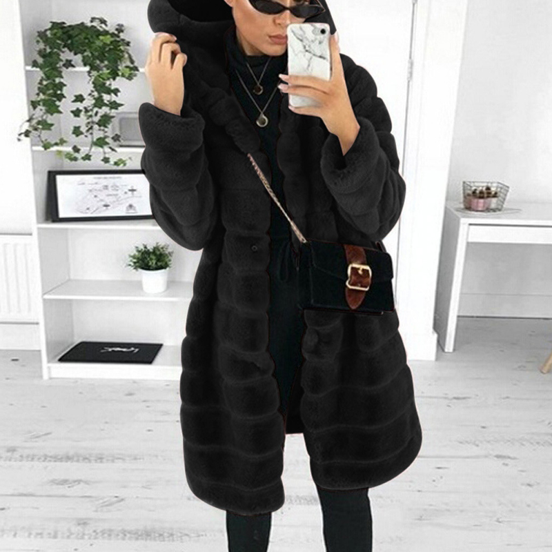 Women's Fashion Solid Color Plush Hooded Mid-length Coat_voghion.com