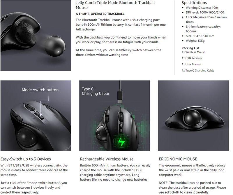 Jomaa Trackball Bluetooth+2.4G Dual Mode Rechargeable Wireless Mouse For PC Computer Laptop Tablet Gamer Mause_voghion.com