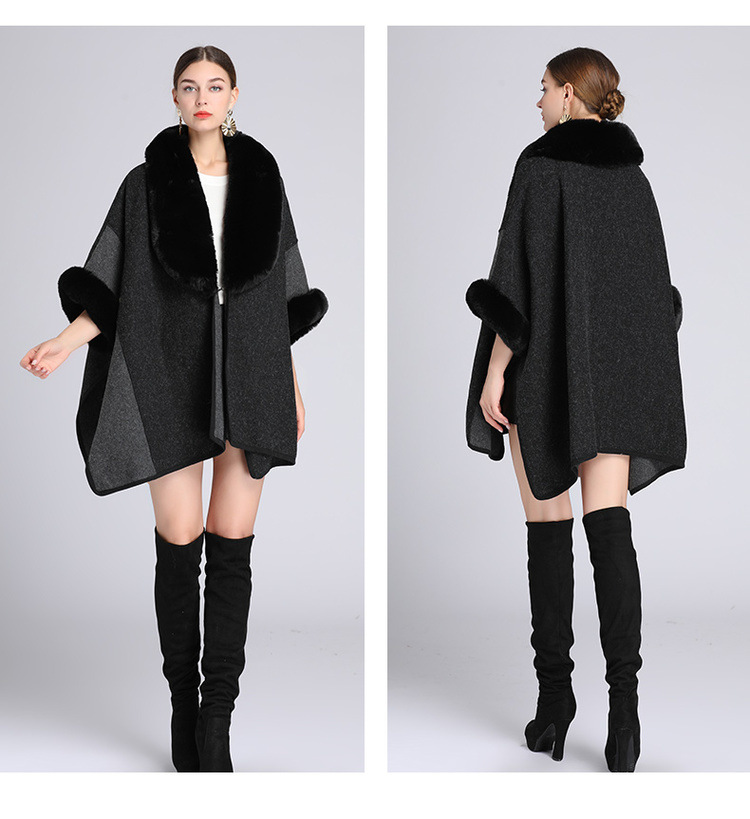 Women's imitation Rex rabbit fur collar cape cape large size woolen coat knitted cardigan_voghion.com