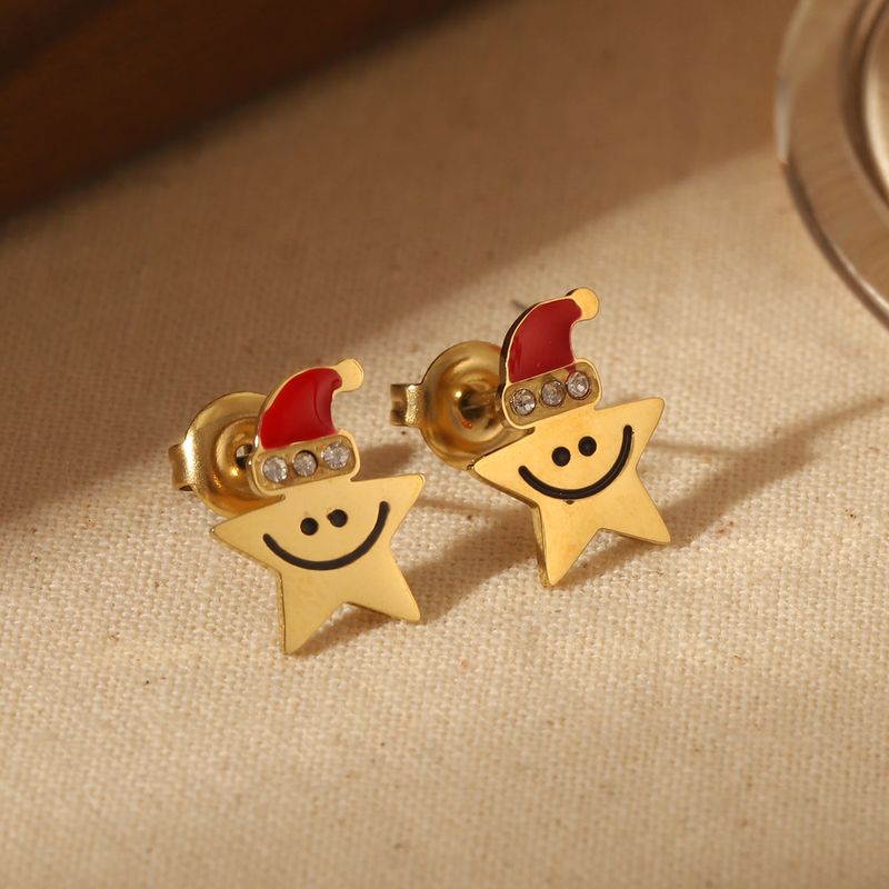 1 Paar süße, schlichte Weihnachtsohrstecker mit Weihnachtsbaum, Weihnachtsmann, Emaille, 304 Edelstahl, Zirkonia, 14 Karat vergoldet_voghion.com