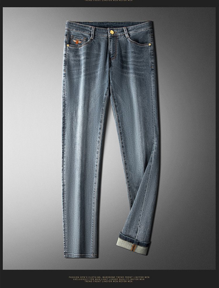Jeans haut de gamme, produits européens, pantalons pour homme, broderies tendance printemps-été, pantalon slim droit en denim léger et extensible_voghion.com