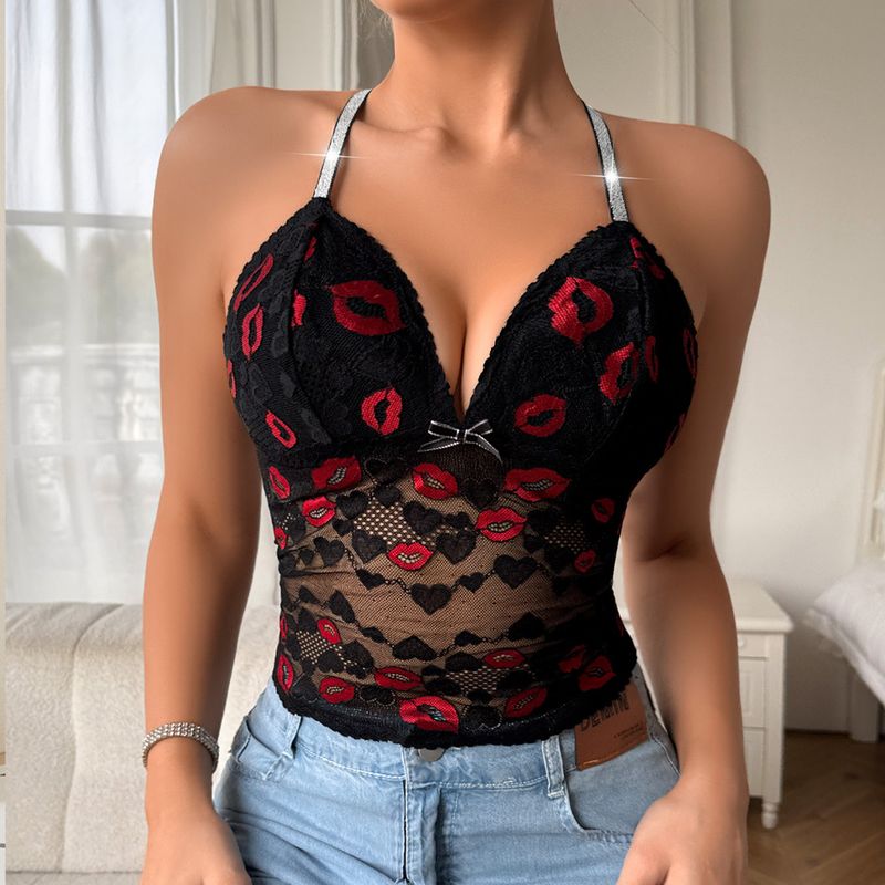 Femei intimă dantelă frumoase spate bretele lenjerie intimă subțire V adânc buze imprimare interior uzură bottoming lenjerie medie și lungă_voghion.com