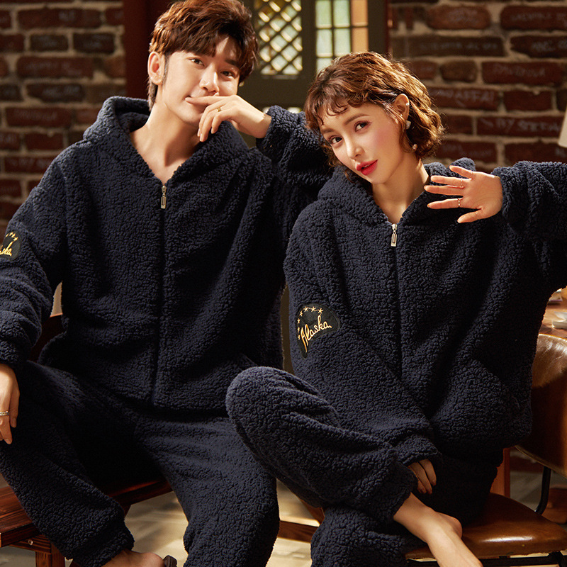Autumn winter couples long sleeved flannel sleepwear men and women cardigans hooded with thick home clothes coral fleece_voghion.com