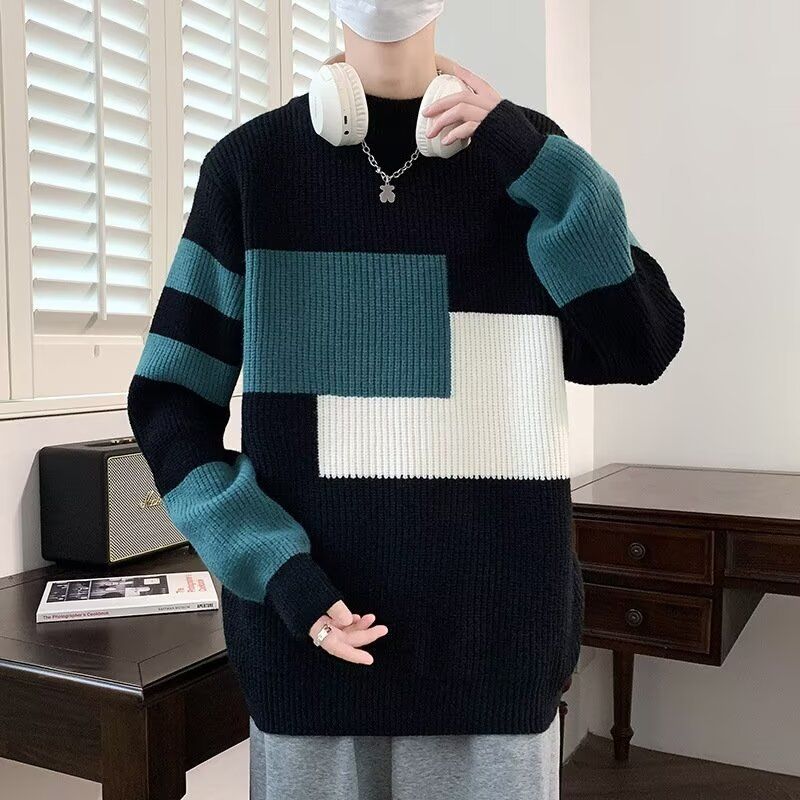 New color blocking striped sweater for men in autumn and winter, round neck long sleeved base sweater, thread jacket, warm knit sweater_voghion.com