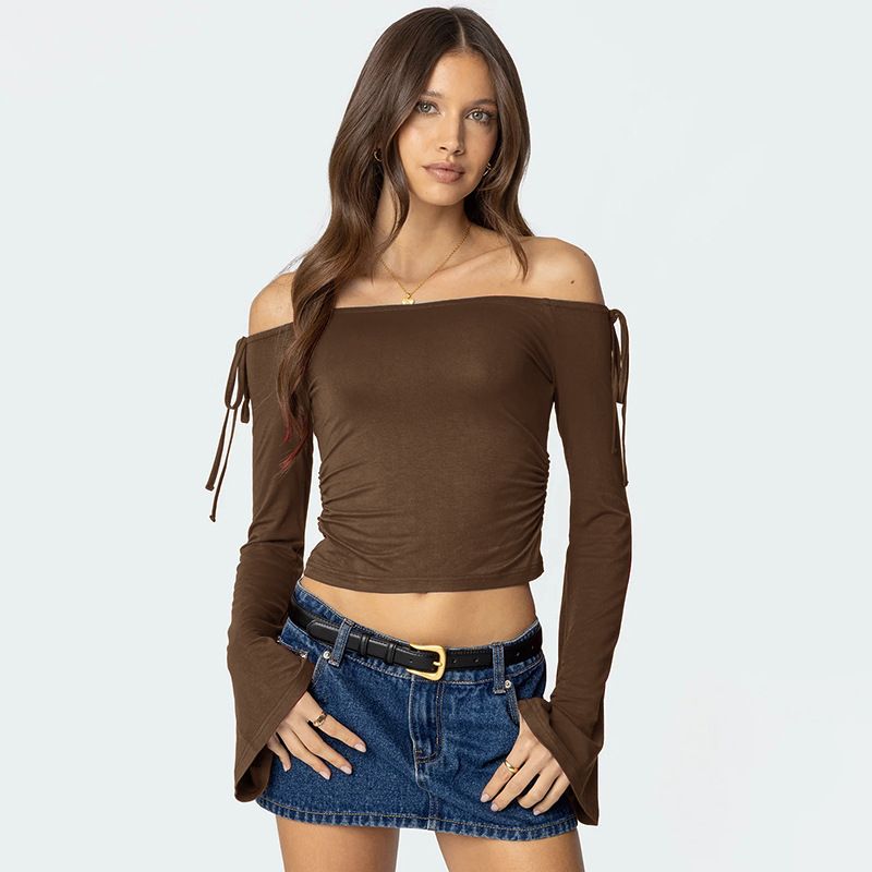 Q24TP650 Women's Autumn/Winter One Word Collar Bow Tie Shrink Fold Short Open Umbilical Top T-shirt_voghion.com