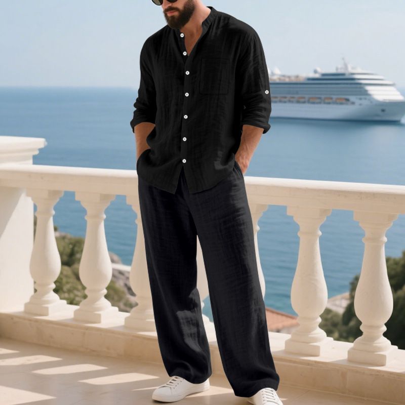Camicia Henry a maniche lunghe, comoda e traspirante, in lino autunnale, da uomo, per la casa e la spiaggia_voghion.com