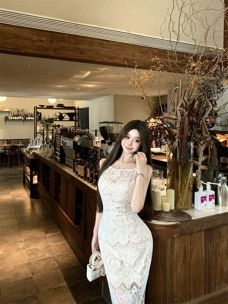 Padded Pure Desire Camisole For Women, Summer Slim Waist Lace Dress, Designed White Bodycon Long Dress_voghion.com
