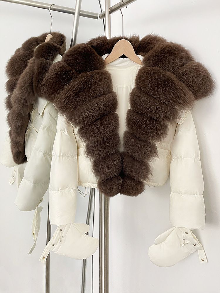 Women’s Short Puffer Jacket With Detachable Fox Fur Collar – Korean Style, Pastel Colors, Slim Fit Winter Coat_voghion.com