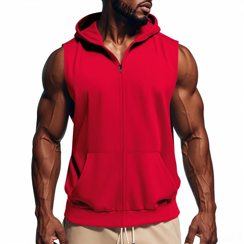 Herren Sommer Unterhemd mit Kapuze Sport Fitness Training Reißverschluss Strickjacke Ärmellose Weste Tops_voghion.com