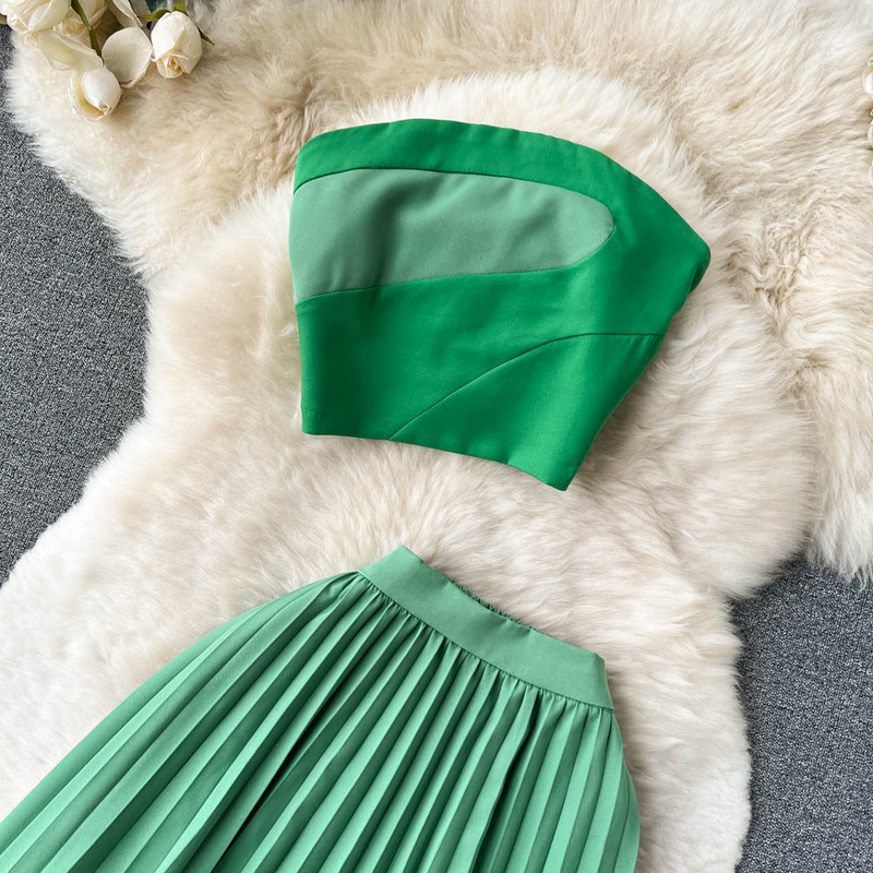 Women's Summer Contrasting Color Tube Top, Irregular Pleated Skirt, Trendy_voghion.com