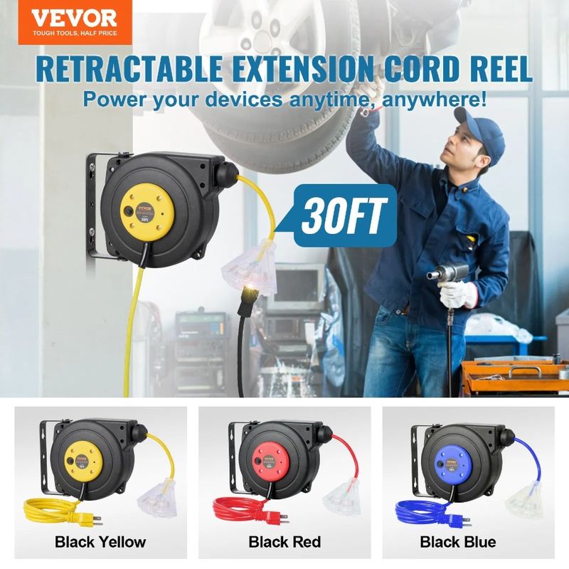 SJTOW Retractable Cord Reel Power Cord Reel 30FT Extension 3C 16AWG_voghion.com