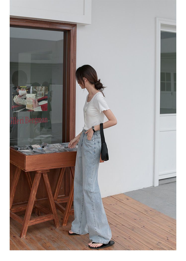 Jeans a gamba dritta a vita alta da donna, pantaloni larghi e svasati alla moda autunno 2024, con vestibilità comoda ed elastica_voghion.com