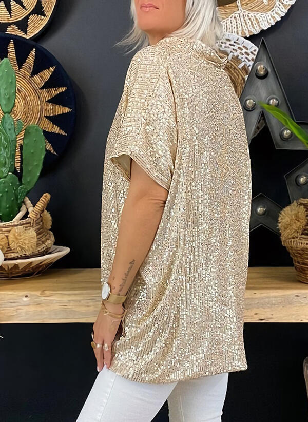 Summer Short Sleeve Urban Casual Solid Color Loose Pullover Sequin T-Shirt for Women_voghion.com