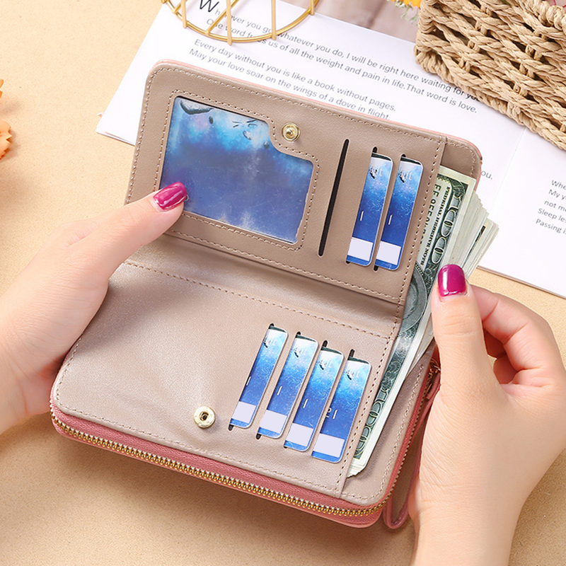 Coin Purse Smooth Zipper Press Button High Capacity Horizontal Multifunction Pocket Storage Delicate Sewing Long Fold Female Clutch Bag For Work_voghion.com