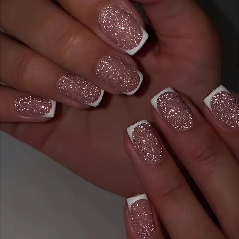 Unghie finte, tinta unita, indossabili, nail art francese con glitter, staccabili, adesivi per unghie semplici_voghion.com