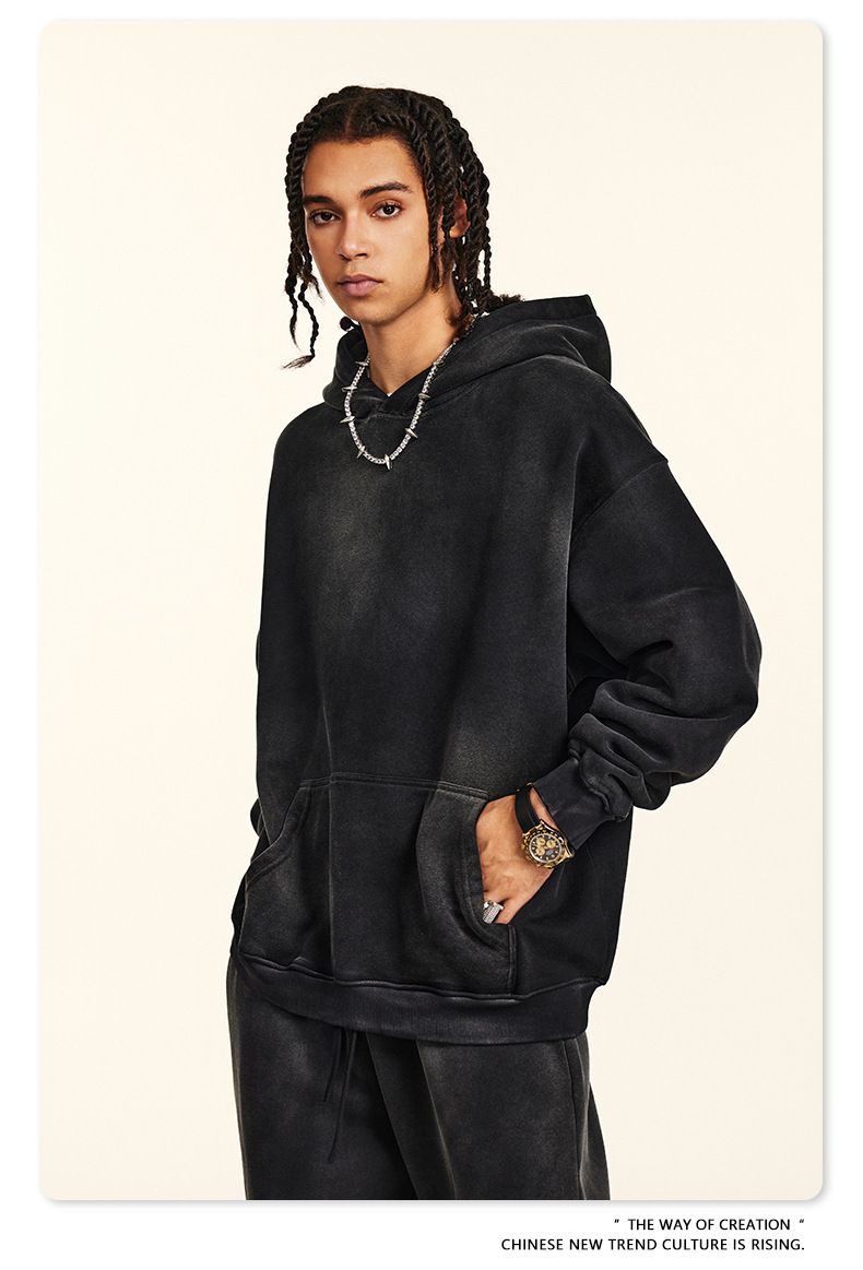 Streetwear Men's Vintage Hoodie & Jogger Set – Distressed Spray-Dye Fleece Loungewear, Oversized Fit, High Street Fashion_voghion.com