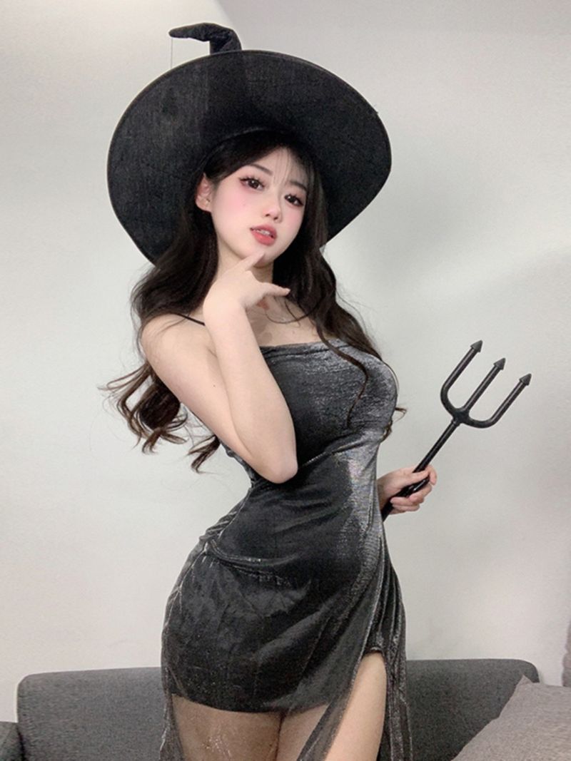 Vestito con bretelle e spacchi da ragazza piccante sexy per Halloween, gonna lunga con glutei avvolti al laser da sorella imperiale, aderente_voghion.com