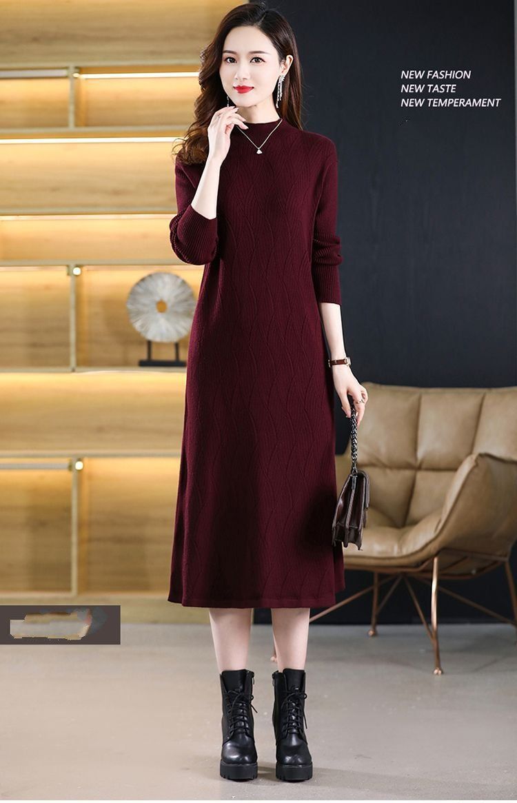 Herbst-Wintermantelpullover für Damen, halber Rollkragen, lockere lange Ärmel, mittellange Basisschicht, Overknee-Strick_voghion.com