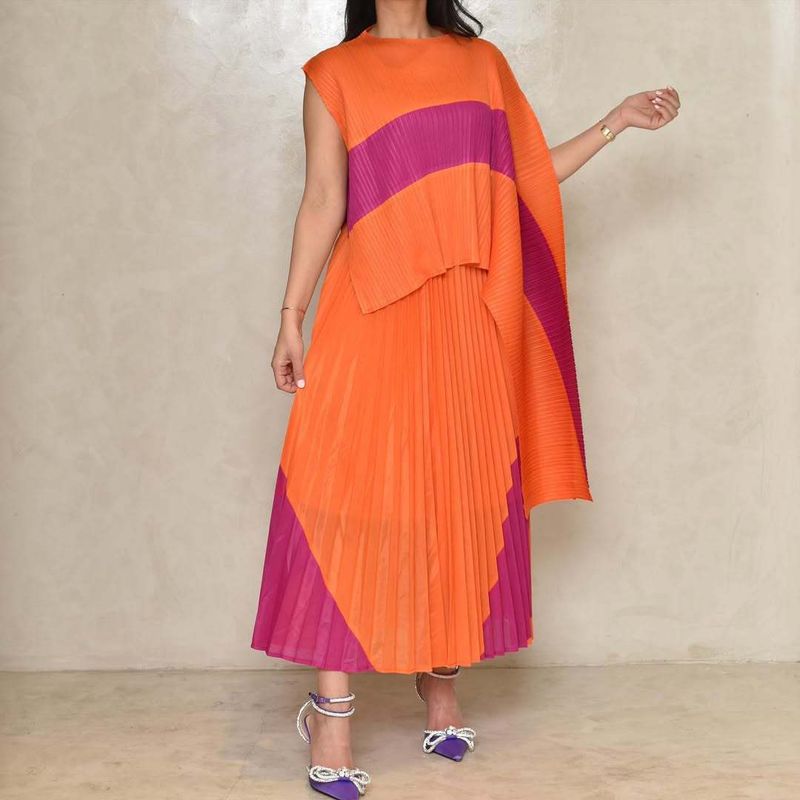 Women's Suit New Style All Match Irregular Color Matching Pleats Plus Fat Leisure Loose Two Piece Set_voghion.com