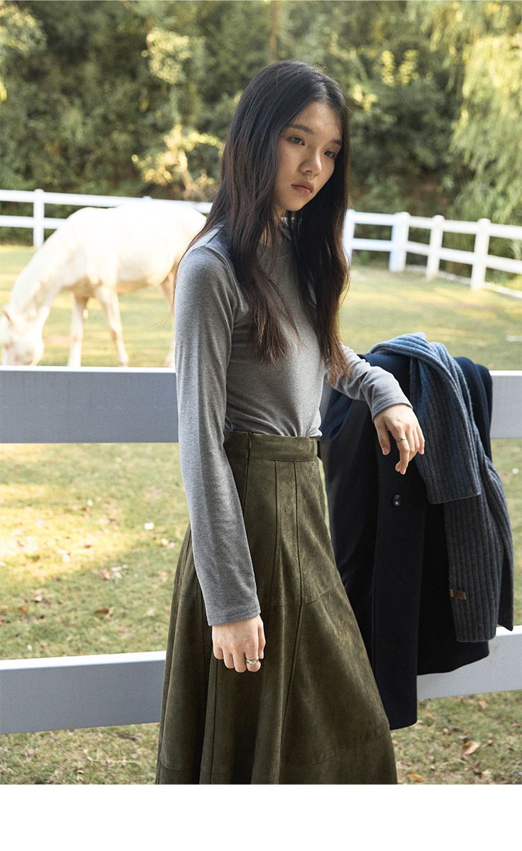 Gonna midi snellente GraceChic Simple Retro Time Machine in pelle scamosciata elegante e temperamento discreto, opaca, 02378_voghion.com