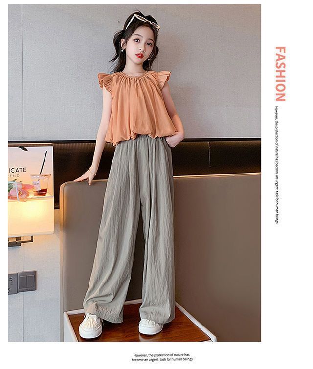 Été 2024 Nouvelle édition coréenne pour filles Haut décontracté moyen et grand Pantalon à jambe large Ensemble deux pièces élégant pour enfants Tendance_voghion.com