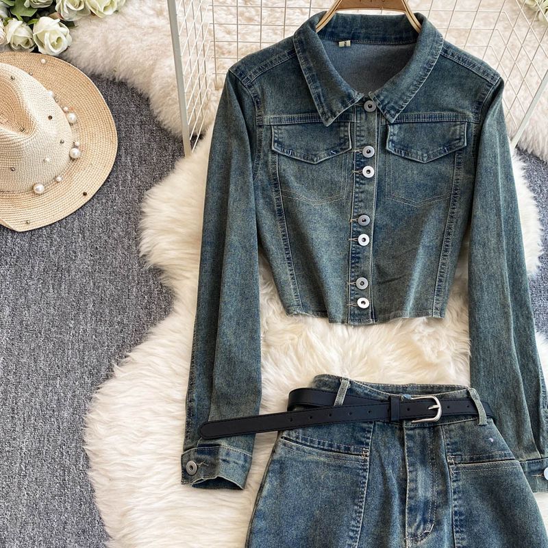 Women's Clothing Retro Hottie Denim Tops Autumn And Winter New High Waist Slim All Match Casual Flared Trousers Two Piece Set_voghion.com