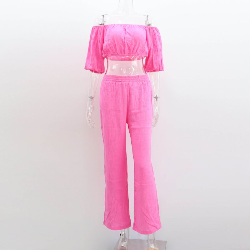 Damen-Knitterstoff aus reiner Baumwolle, einfarbig, kurzärmliges Oberteil mit Kragen, Hose mit hoher Taille und weitem Bein, lässiger Anzug_voghion.com
