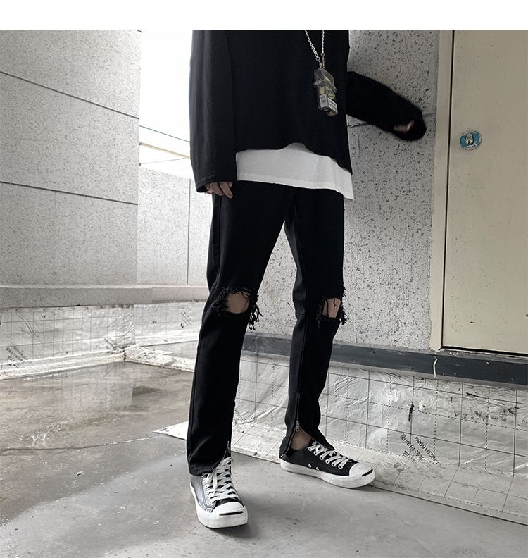 Korean version of trendy high street summer black loose straight leg jeans with large holes for men's casual versatile_voghion.com