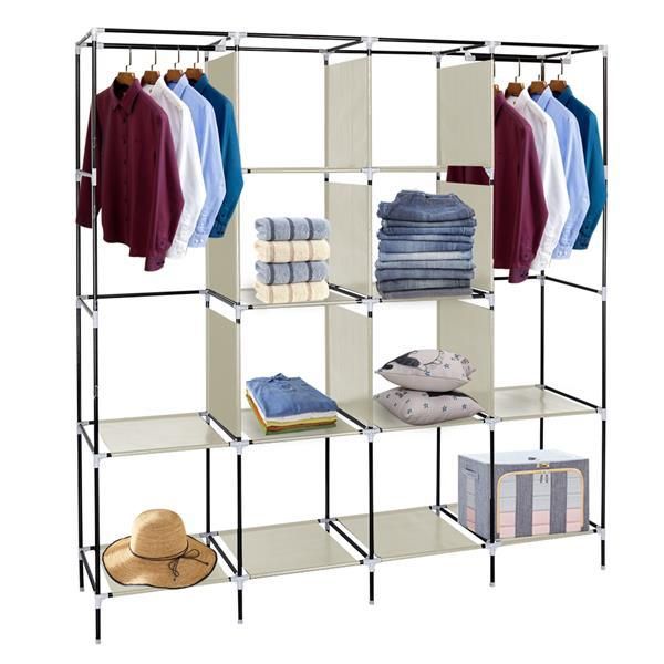 67" Clothes Closet Portable Wardrobe Clothes Storage Rack 12 Shelves 4 Side Pockets Beige_voghion.com