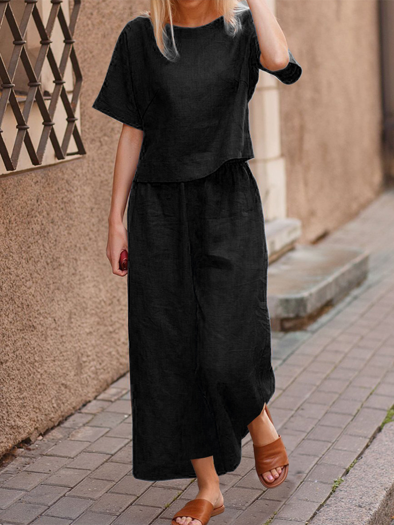 Completo da donna in taglie forti, con camicia e pantaloni larghi in tinta unita, due pezzi_voghion.com