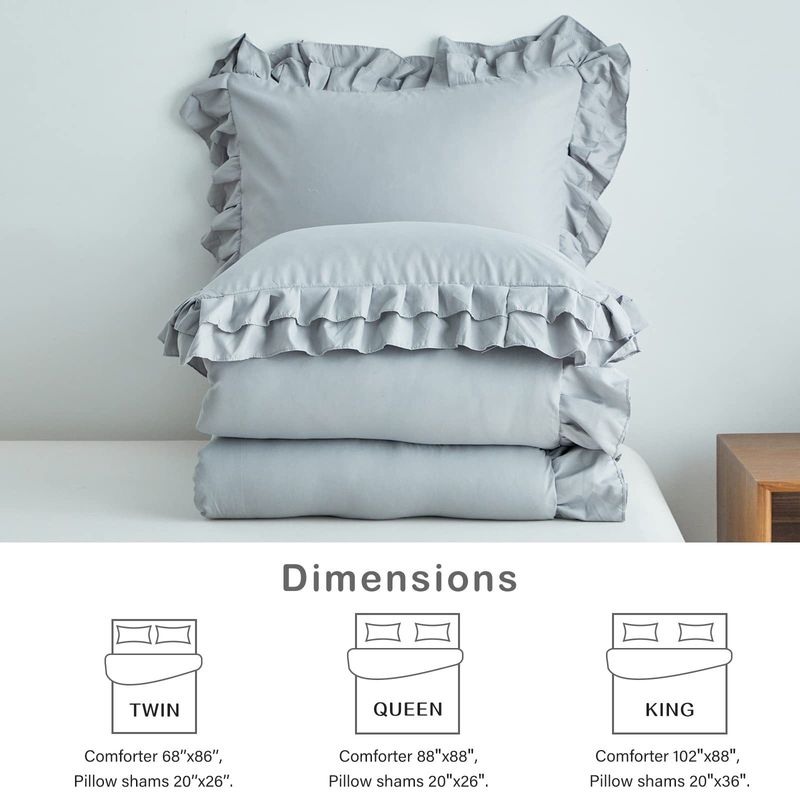 Hellgraue, einfarbige, gerüschte, atmungsaktive Bettdecken-Sets in Queen-Size, 3-teiliges Ganzjahres-Bettwäscheset als Daunenalternative_voghion.com