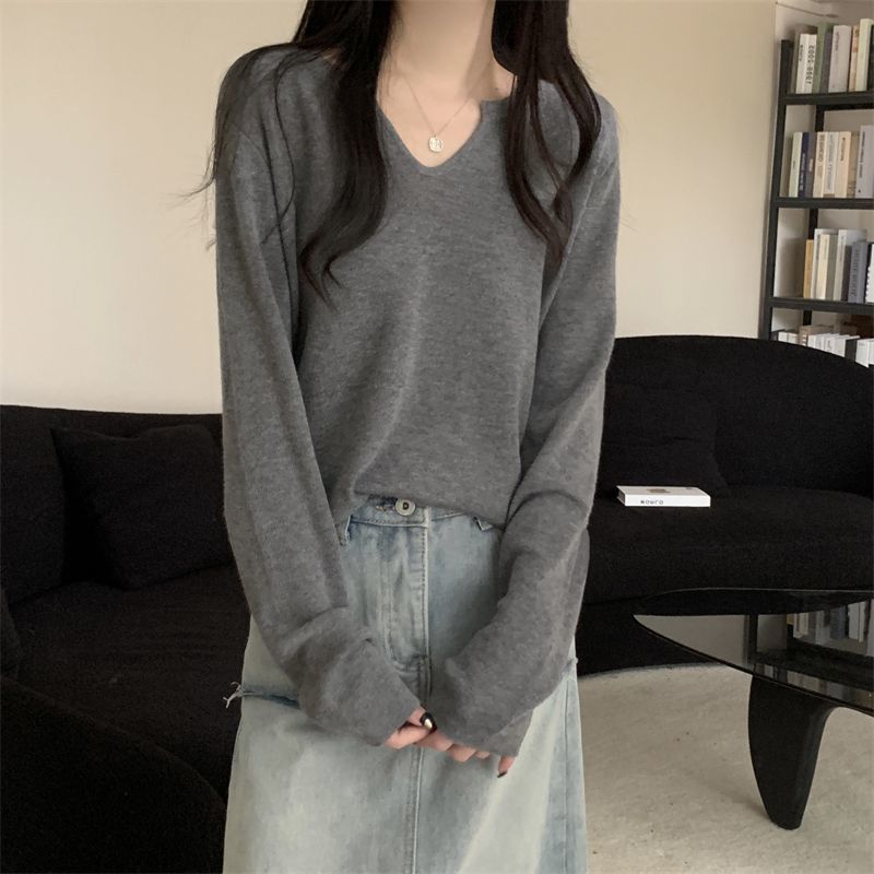 Felpa in maglia a maniche lunghe con scollo a V tinta unita per donna autunno 2025, nuova maglietta snellente in stile pigro._voghion.com